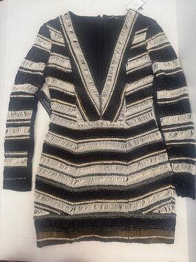 bebe Black and Cream Beaded Fringe-Striped Long Sleeve Mini Dress